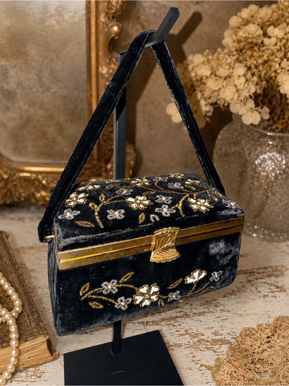 Vintage Black Velvet Mini Evening Bag with Gold Floral Beading Vanity Purse